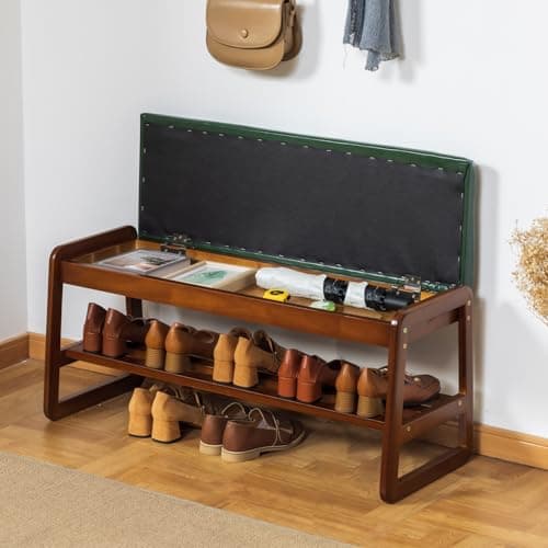 latifolia Solid Wood Bench, Entryway Shoe Bench with Cushion, Flip-Open Storage Compartment, 2-Tier Shoe Organizer(Green,39.70''L) - Thumbnail 2