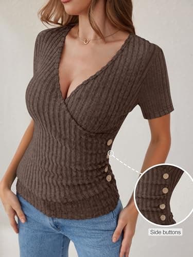 ANRABESS Women Short Sleeve V Neck Shirts,Chocolate Brown,XS - Thumbnail 4