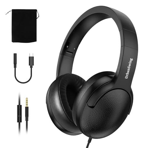 URBAN SWING W4 Wired Headphones with USB C Adapter, Over Ear Headset with Mic, 3.5mm AUX Plus Type-C Plug, 4.9ft Extra Long Cord for iPhone 17/16/15, Samsung, iPad, PS5, School & Travel, Foldable