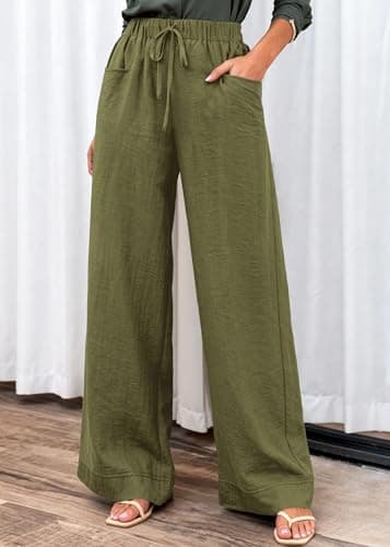 KIRUNDO Wide Leg Palazzo Pants for Women Summer High Waist Flowy Casual Trousers Lounge Pants Beach Vacation Travel Outfits (Army Green, Medium) - Thumbnail 6