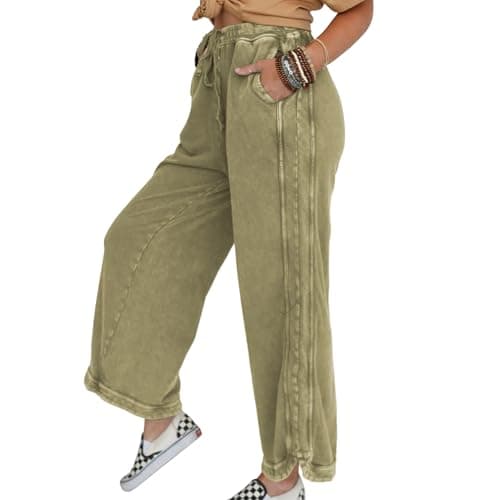 Ainangua Women's Palazzo Pants Acid Wash Capri Pants Drawstring Athletic Wide Leg Trousers Summer Lounge Home(Mustard-Green,M) - Thumbnail 4