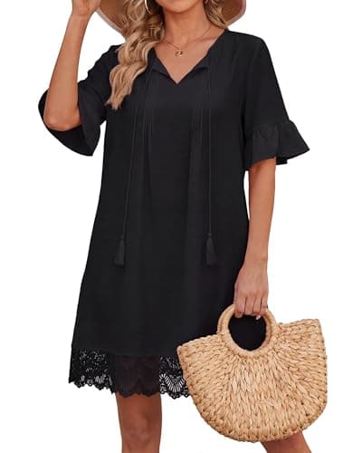 Bsubseach Beach Cover Ups for Women Ruffle Short Sleeves Swim Coverups Lace Trim Summer Dress Poolside Cruise Outfits Black XL - Image 1