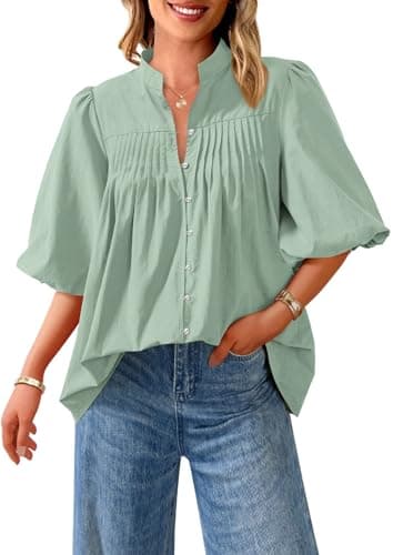 PRETTYGARDEN Women's 2026 Summer Short Lantern Sleeve Tops Loose Fit Button Down Shirt Pleated V Neck Blouses Trendy Clothes (Light Green,Medium) - Image 1