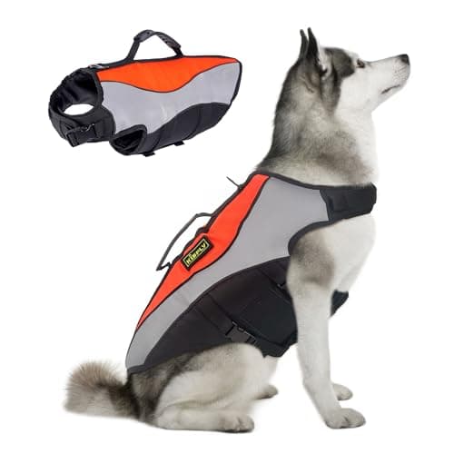 Dog Life Jacket for Swimming & Boating, High Buoyancy Dog Life Vest with Rescue Handle, Reflective Adjustable Dog Flotation Device for Pool, Lake & Kayaking, Secure Fit Pet Swim Vest (L, Orange)