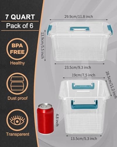 EOENVIVS Clear storage bins with lids 6 Pack, 7 Quart storage containers with lids, Stackable storage box Organizer for organizers and storage, Bedroom, Office, Classroom, Playroom & shoe boxes - Thumbnail 2
