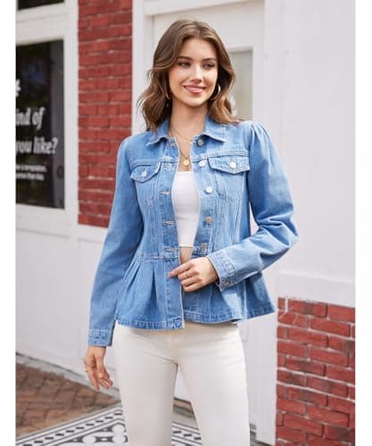 J.Corrine Womens Denim Jacket Peplum Ruffle Hem Jeans Jacket Button Down Casual Trendy Puff Long Sleeve Jean Jackets Blue L - Thumbnail 4