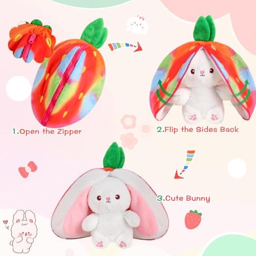 MIAODAM Rainbow Strawberry Bunny Stuffed Animal, Rainbow and Strawberry Bunny Plush Turn Into Rabbit Fruit Doll, Plushie Funny Bunny Toy for Baby (10 inch) - Thumbnail 2