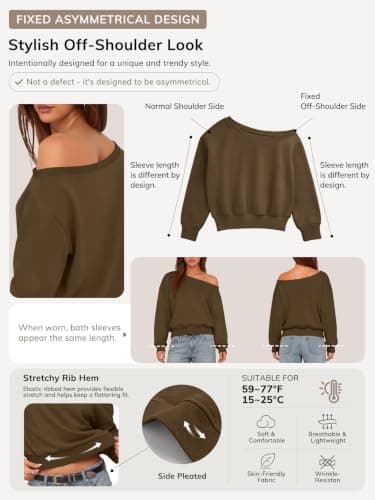 ATHMILE Womens Brown Off the Shoulder Sweatshirt Crop Top Long Sleeve Pullover Comfy Sexy Y2K Casual Fall Outfits 2026 - Thumbnail 3