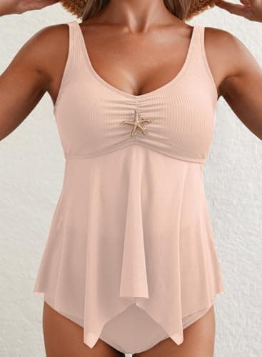 Dokotoo Ribbed Flowy Tankini Set Metal Starfish High Waisted Swimsuits with Bottom,Apricot Pink Medium - Thumbnail 2