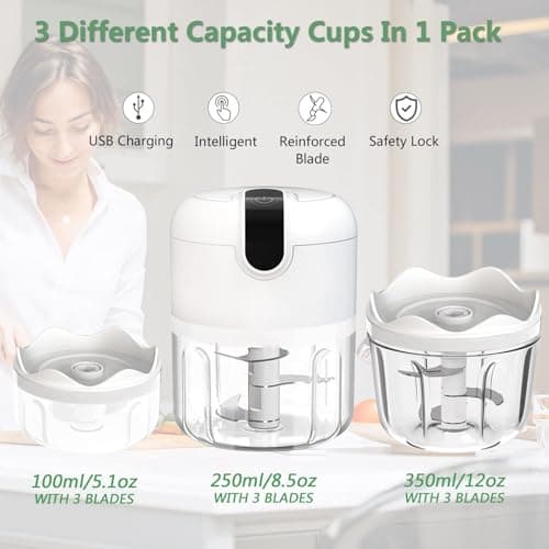 White 3 CUP Electric mini garlic crusher, USB rechargeable portable electric food crusher, wireless small kitchen processor for crushing garlic, ginger, chili, minced meat, onions, etc.(350+250+100ml) - Thumbnail 2