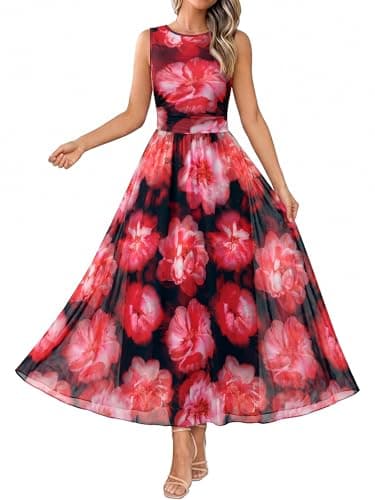 BTFBM Summer Dresses for Women 2026 Floral Maxi Dress Sleeveless Mesh Flowy Spring Wedding Guest Dress Long Sundresses(Black Red Flower, X-Large) - Image 1