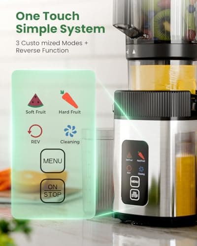 Kismile Cold Press Juicer Machine with Touch Control & 3 Modes, 4.5” Wide Feed Chute Slow Juicer for Whole Fruits & Vegetables, Stainless Steel Juicer Press, Easy to Clean, High Juice Yield for Home - Thumbnail 4