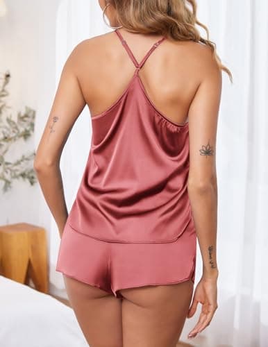 Ekouaer Silk Pajamas Set for Women Satin Lingerie Pjs Cami Top and Shorts Soft 2 Piece Nightwear PaleVioletRed X-Large - Thumbnail 3