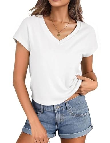 Totatuit Women White Summer Cropped Tshirt Cap Sleeve Loose Tee Shirts Cute Crop Top Formal V Neck Blouse Tops for Work Dressy Casual Business Clothes Small - Image 1