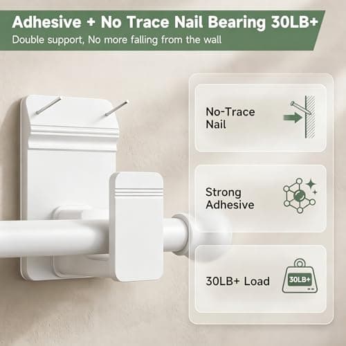 EKOTTOK No Drill Curtain Rod Brackets for 5/8" Rod, Heavy Duty 30LB+, Adhesive & Invisible Nail Curtain Rod Holders, Damage-Free Wall Mount Hooks for Bathroom, Kitchen, Bedroom (8PC, White) - Thumbnail 5