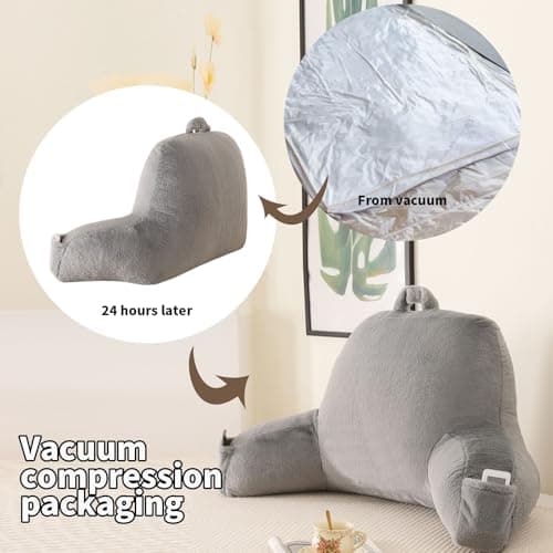 PAJEO Back Pillow for Bed Sitting Up,Large Backrest Reading Pillow with Arm Rest,Back Rest Support Cushion for Sitting Up on Couch,Sofa,Floor,Dorm Essentials (Grey Faux Fur,Standard(17")) - Thumbnail 4
