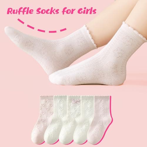 BISOUSOX Ruffle Socks for Girls Socks 6-8 Years Old White Cute Crew Frilly Ruffled Kids School Dress Sock for Girls 8-10 12 - Thumbnail 5
