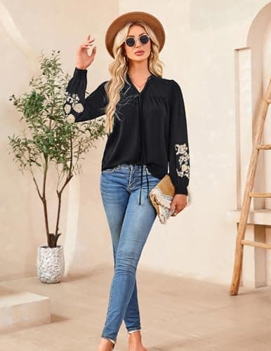LOOKBOHO Women's Floral Embroidered V-Neck Puff Long Sleeve Casual Tops Fashion Boho Mexican Shirts Fall Blouses 2025 L - Thumbnail 6