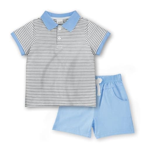 JiuBreeze Toddler Baby Boys Summer Short Sleeve Polo Shirts Set 2-piece Striped Outfits 18 Month-5T (Blue, 18-24M)