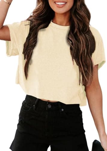 UNCLECAT Women's Cropped T Shirts Trendy Short Sleeve Crew Neck Crop Tops Solid Basic Tee Beige - Image 1