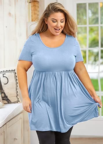 AusLook Women's Plus Size Tunic Short Sleeve Clothes Scoop Neck Summer Tops Pleated Flowy Loose Fit Babydoll T Shirt L-5X, C10-light Blue, 3X - Thumbnail 2