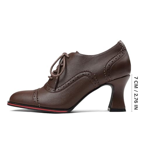 Yremael Women's Brown Oxfords Dress Wingtip Vintage Comfortable Chunky High Heel Lace Up Brogues Booties - Thumbnail 4