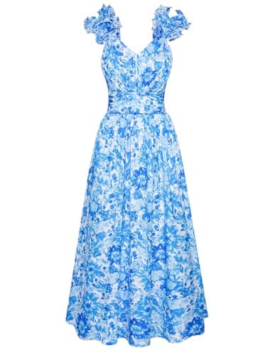 GRACE KARIN 2025 Women's Summer Floral Print Dress Sleeveless Casual Flowy Sundress A Line Ruffle Wedding Guest Outfit Blue Floral M - Image 1