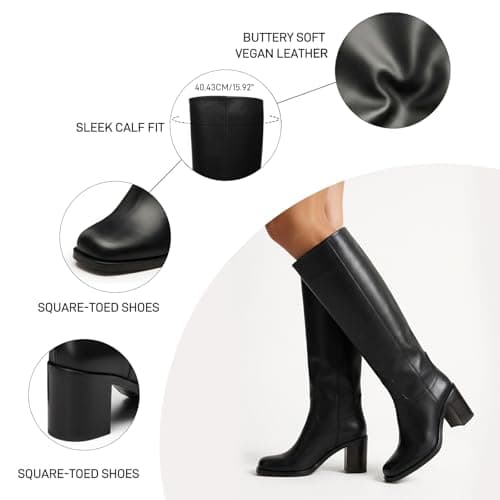heelchic Black Knee High Boots for Women, Square Toe Chunky Block Heeled Long Boots, Tall Boots 6.5 - Thumbnail 5