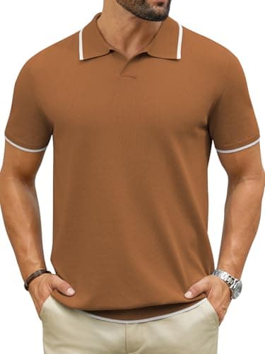 Hardaddy Men's Short Sleeve Knit Polo Shirts V Neck Color Block Lightweight Casual Collared Golf Shirt Brown M - Image 1
