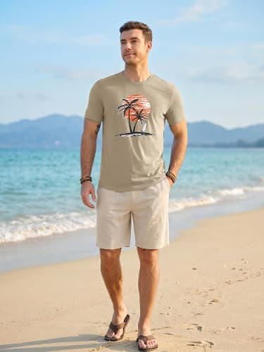 Comdecevis Mens Graphic T-Shirts Cotton Crew Neck Printed Tees Casual for Hawaiian Summer Beach Khaki L - Thumbnail 3