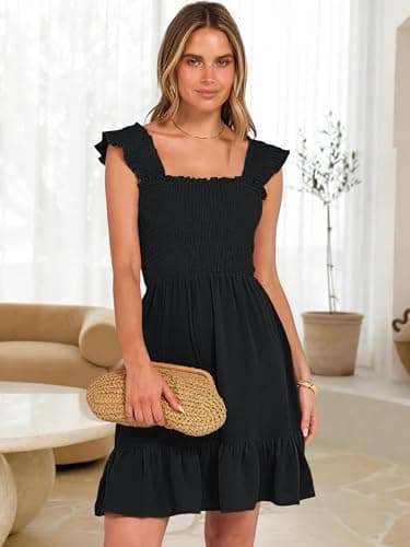 Caracilia Women Summer Casual Sleeveless Square Neck Sun Dress Smocked Ruffle Backless Boho Beach Vacation Cute Short Dresses Black Medium - Thumbnail 2
