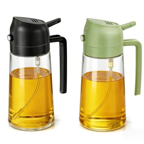Aovdy Oil Sprayer for Cooking 16oz,2 in 1 Olive Oil Dispenser and Oil Sprayer - 470ml Olive Bottle Spray and Pour - Glass Oil Dispenser for Kitchen Cooking Salad BBQ (2PCS-Black & Green)