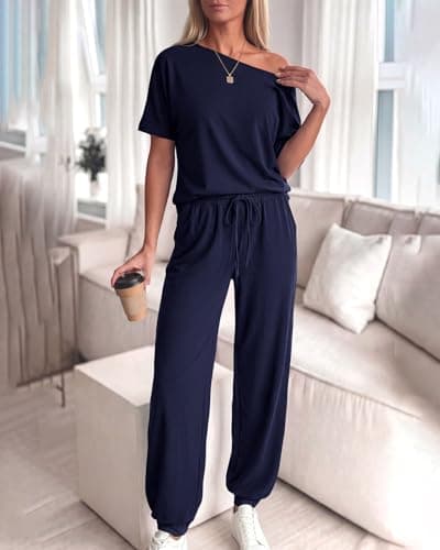 Zenlonr Women Summer 2 Piece Outfits 2026 Off Shoulder Short Sleeve Tops Elastic Waist Drawstring Long Pants Tracksuit(Navy,XX-Large) - Thumbnail 6