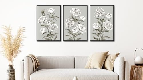 Large Framed Floral Wall Art, Elegant Blossom Plants Wall Pictures 16"x24" Set of 3 Light Grey Botanical Painting Prints Botany Peony Canvas Artwork for Living Room Bedroom Home Office Decor - Thumbnail 2