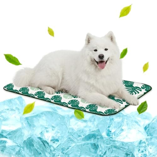 NWK Pet Cooling Mat for Large Dogs -Q-Max>0.345 Ice Silk Cooling Mat for Dogs & Cats Portable & Washable Pet Cooling Blanket, Car Seats, Beds for Summer (Green Leaf, 39'' X 27'' X 0.3'')