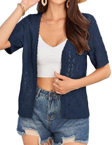 GRACE KARIN 2025 Women's Short Sleeve V Neck Cardigans Sweaters Open Front Knit Crochet Button Bolero Shrugs Tops Dark Blue L - Image 1