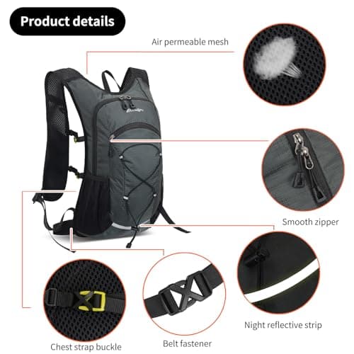 BiYiYun 15L Small Hiking Backpack Lightweight Hydration Backpack for Men Women, Warterproof Hiking Daypack for Travel Camping Cycling Running Outdoor (Grey) - Thumbnail 3