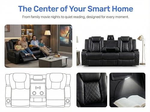 Oversized Modular Sectional Sofa,Leather Sectional Couch with Recliner,Sectional Couches for Living Room, Leather Reclining Sectional with Wireless Charging, LED Lights & Hidden Storage, Black - Thumbnail 6