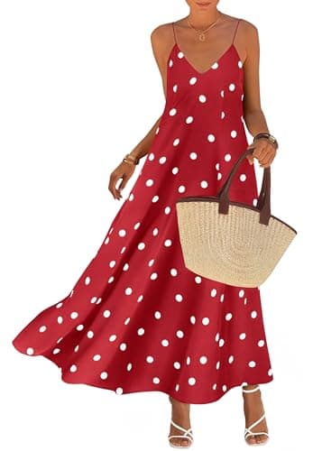 KIRUNDO Polka Dot Dress for Women Summer 2026 Sleeveless Spaghetti Strap Beach Vacation Cruise Boho Long Flowy Maxi Dresses(Red, X-Large) - Image 1