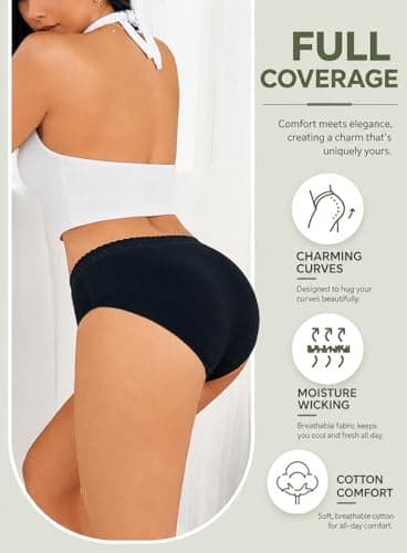 READY TO LOVE Cotton Underwear for Women 6 Pack Full Coverage Briefs Sexy Panties Lace Waistband Ladies Bikini Hipster - Thumbnail 4