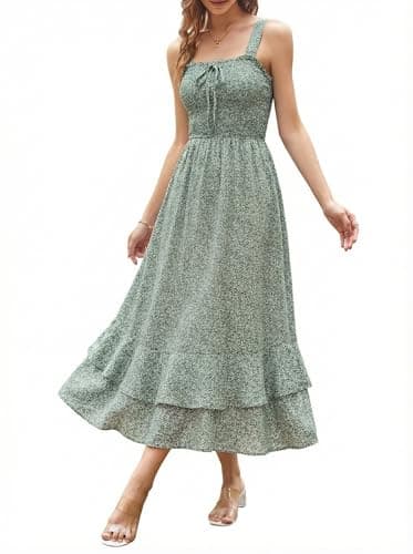 GRACE KARIN Women's 2025 Summer Floral Boho Dress Square Neck Strapped Swing A Line Sundress Beach Long Maxi OutfitsGreen L - Image 1