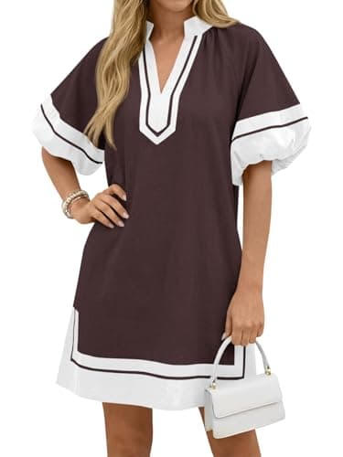 Wenrine Womens Summer Mini Dress Puff Sleeve Casual V Neck Color Block Side Slit Loose Shirt Dresses with Pockets Brown - Image 1