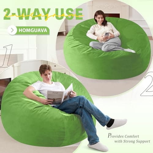 Homguava 6 FT Bean Bag Chair: 6' Bean Bags with Memory Foam Filled, Large Beanbag Chairs Soft Sofa with Dutch Velvet Cover-Lime - Thumbnail 6