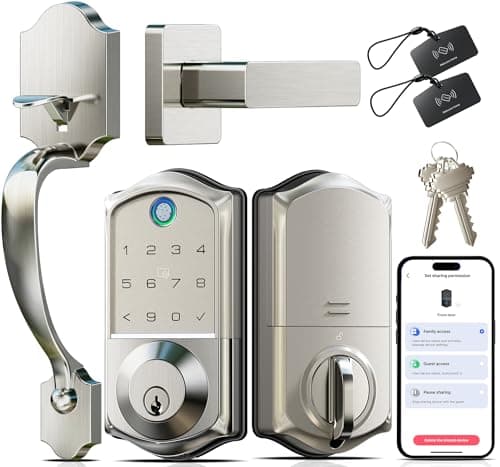 Veise VE017-H Fingerprint Smart Front Door Lock Set, App Control, 8-in-1 Keyless Entry Deadbolt with Zinc Alloy Handles, Emergency Power Port, Touchscreen Keypad, Auto Lock, Easy Install, Satin Nickel