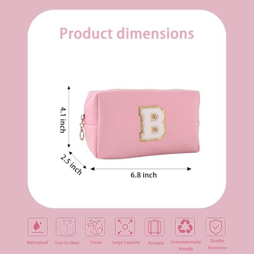 Makeup Bag Initial Preppy Patch Bag,Small PU Leather Travel Cosmetic Bag Pouch with Zipper, Pink Cute Toiletry Bag,Gift Ideal for Teen Girls Women Birthday Friend Mom, Latter B - Thumbnail 2