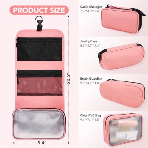 Idcymoul Travel Toiletry Bag 5-Piece Kit, Hanging Toiletries Bag+TSA Approved Cosmetic Bag+Jewelry Bag+ Brush Bag+Cable Bag, Professional Travel Essentials Accessories Organizer for Women- Pink - Thumbnail 3