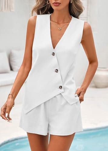 Lazysmile Summer 2 Piece Sets for Women Fashion Matching Set Button Down Suit Vest Tops and Shorts Casual Outfits White - Thumbnail 3