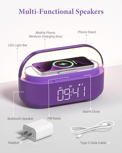 COLSUR Bluetooth Speaker Alarm Clock with Wireless Charger, FM Radio, Adjustable LED Night Light, 6 in 1 Bedroom Portable Speaker 2500mAh, Phone Stand for Bedside, Home, Office, Gift (Purple) - Thumbnail 5