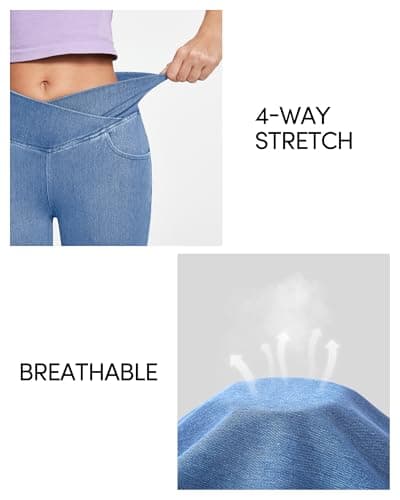 IUGA Stretchy Jeans for Women Bell Bottom Jeans V Cross High Waisted Jeggings Pull On Wide Leg Sweatpant Jean Flare Leggings(Baby Blue, Small) - Thumbnail 5