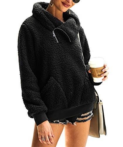 KIRUNDO Winter Clothing for Women Sherpa Pullover Fleece Zip Sweatshirt 2026 Fall Fashion Fuzzy Faux Shearling Warm Outwear(Large, Black) - Image 1